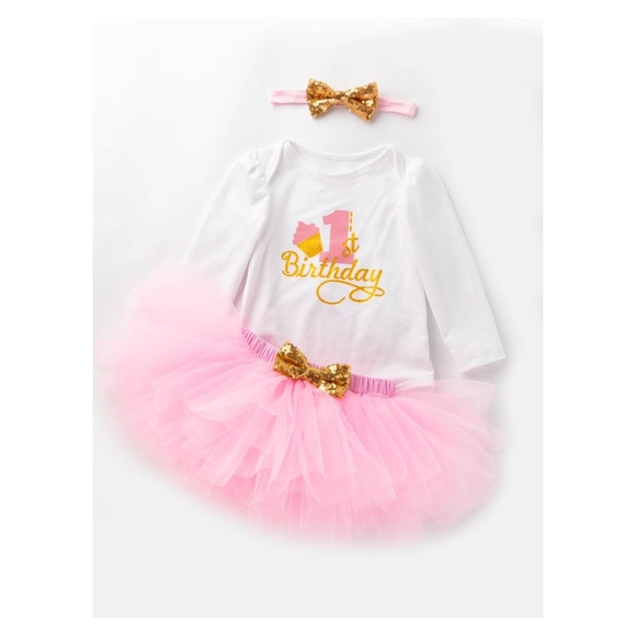 One Rainbow Other - White Pink 3 Piece Onsie Tutu Skirt 1 Birthday Set